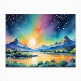 Watercolor Painting Of A Colorful Landscape With Mountains, A Lake, Trees, And A Setting Sun Canvas Print