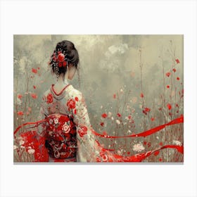 Geisha Grace: Elegance in Burgundy and Grey. Chinese Woman In Red Dress 1 Canvas Print