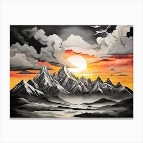 Vintage Sunset In The Mountains Black and Grey Canvas Print