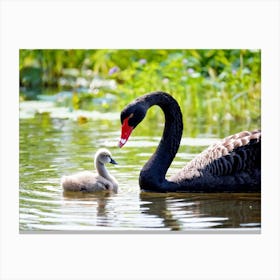 Closeup Of A Black Swan With Its Cygnet On A Small Tranquil Duck Pond Reflecting The Sprightlines (1) Canvas Print