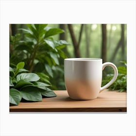 A White Coffee Mug Sits On A Wooden Table Surrounded By Lush Green Plants, With A Blurred Background Of A Forest Canvas Print