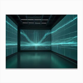 An Empty Room With Large Screens Displaying Abstract, Blue Visuals Canvas Print