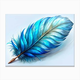 Single Blue Feather With Quill Tip On White Background Canvas Print