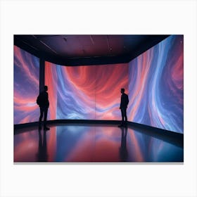 Two People Stand In Silhouette In Front Of A Large Screen Displaying An Abstract, Colorful Image Canvas Print