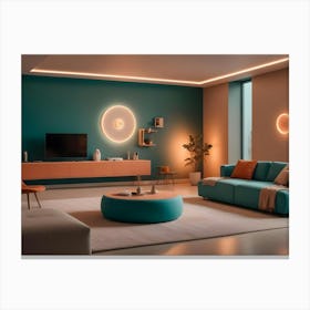 A Modern Living Room With A Blue Sofa, A Turquoise Ottoman, A Large Television, And A Wooden Console Canvas Print