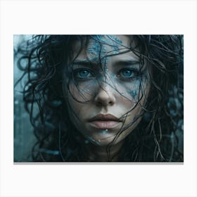 Close Up Portrait Of A Weathered Female Face Hair Gray And Wild Eyes A Piercing Blue Amidst A Mane Canvas Print