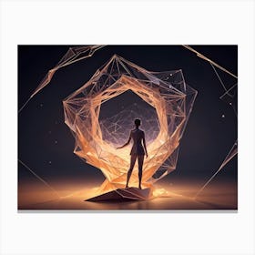 A Woman In A Business Suit Standing On A Platform Surrounded By A Glowing, Geometric Structure Canvas Print