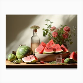 Still life with watermelon and flowers Canvas Print