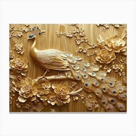 Golden 3d Peacock Floral Wooden Canvas Print