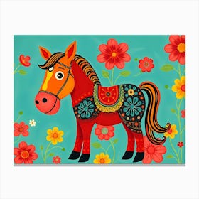 Folk Art Style With Whimsical Horse And Flowers, Painting Art Canvas Print