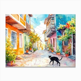 Izmir, Turkey   Cat In Street Art Watercolour Painting 2 Canvas Print