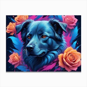 Portrait Of A Blue Dog With Orange Eyes, Surrounded By Orange Roses And Abstract Paint Splatters On A Dark Background Canvas Print