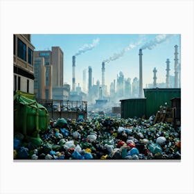 Greenhouse Gases And Smog Blanketing A Cityscape Urban Industry Spewing Fumes Ocean Littered With Canvas Print