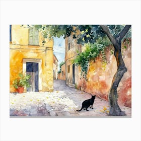 Black Cat In Brindisi, Italy, Street Art Watercolour Painting 1 Canvas Print