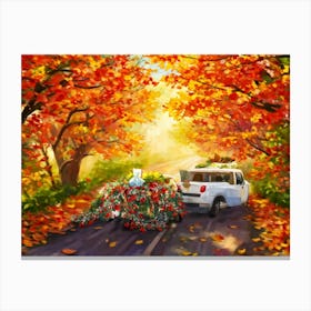 Autumnal Landscape Autumnal Leaves Cascading Down As A Car Adorned With Holiday Wreaths And Ribbon 2 1 Canvas Print