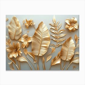 Gold Floral Plants and Palm Leaves 3d Abstract Tropical Leaves, Banana Leaves 1 Canvas Print