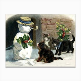 Snowman And Three Freezing Cats Canvas Print