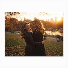 Best Friends Embracing In A Warm Hug Their Smiles Radiant Against The Backdrop Of A Bustling Urban (2) Canvas Print