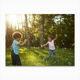 Children Playing With Soap Bubbles Canvas Print