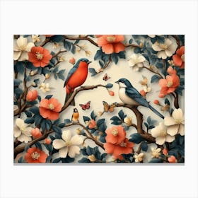 Nature's Tapestry, A Seamless Illustration Of Floral Tree Branches, Birds, Butterflies And Blooms 3d Canvas Print