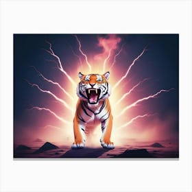 A Ferocious Tiger With A Powerful Roar Surrounded By Glowing Lightning Bolts Against A Dark, Stormy Background Canvas Print