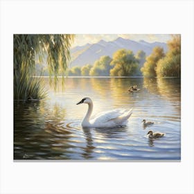 Cygnet Swimming Beside A Mother Duck On A Serene Lake Glossy Feathers Reflecting The Soft Ripples A Canvas Print