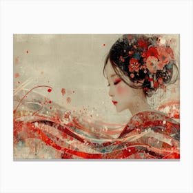Geisha Grace: Elegance in Burgundy and Grey. Asian Woman 1 Canvas Print