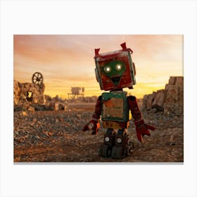 Rusty Toy Robot Standing Amidst A Desolate Wasteland Sole Survivor Amongst Crumbling Ruins Chippi Canvas Print