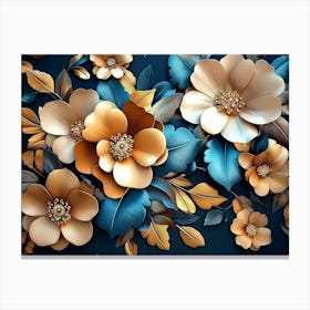 3d Art with Colorful Golden Flowers and Blue Leaves Canvas Print