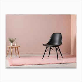 A Black Chair And A Small Wooden Table With A Vase Of Flowers, On A Pink Rug Canvas Print