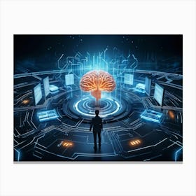 Abstract Cyber Concept Art Featuring A Human Brain At The Center Of Innovation Connected With Futur (4) Canvas Print