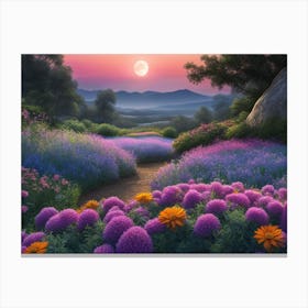 Purple Flower Field At Sunset Canvas Print