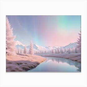 A Digital Painting Of A Peaceful, Snowy Landscape With A Winding River, Fir Trees, And A Colorful, Pastel Sky Canvas Print