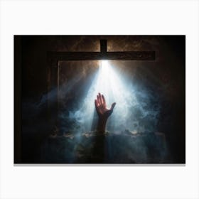 An Ultra Realistic Depiction Of A Hand Raised In A Gesture Of Prayer Emerging From Darkness Into A Canvas Print