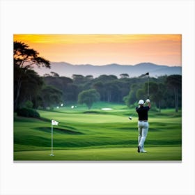 Evening Glow Softly Embracing A Serene Golf Course As A Golfer Swings A White Driver Amidst The Acti (6) Toile