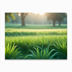 A Field Of Green Grass With A Blurred Background Of Trees And A Sunlit Sky, Creating A Peaceful And Serene Natural Scene Canvas Print