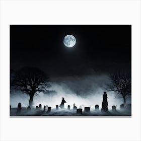 Full Moon Illuminating A Night Sky Clouded By Whispers Of Fog Gravestones Silhouetted Against The E (4) Canvas Print