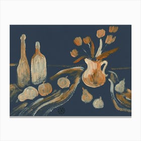 Tulips And Bottle - gray beige still life hand painted floral food kitchen art dining Canvas Print
