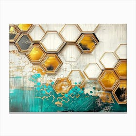 A Rich Oil On Canvas Artwork With Abstract Golden Hexagons, White Lattice, And Splashes Painting Canvas Print