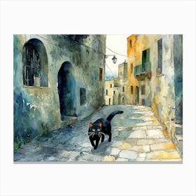 Black Cat In Matera, Italy, Street Art Watercolour Painting 2 Canvas Print