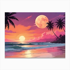 Tropical Sunset With Palm Trees And Ocean Waves 2 Canvas Print