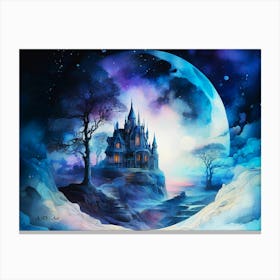 Abstract Watercolor Painting of a mystic Castle at Full Moon Canvas Print