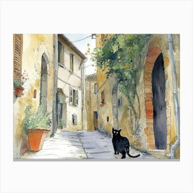 Black Cat In Ascoli Piceno, Italy, Street Art Watercolour Painting 4 Canvas Print