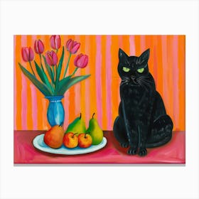 Black Cat With Tulips 5 Canvas Print