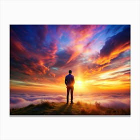 Man Standing On A Hilltop Looking At A Sunset Canvas Print