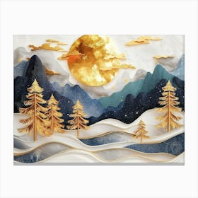 3d Modern Art Landscape Moon, Golden Christmas Trees, Colorful Mountains 1 Canvas Print