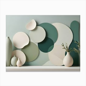 Stylish Interior Design With A Collection Of Vases In Various Shades Of Green And White Arranged On A Shelf Against A Wall Decorated With Abstract Shapes In Matching Colors Canvas Print