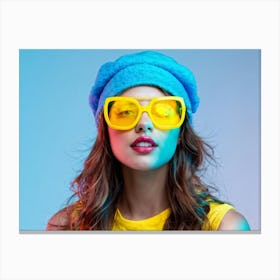 Girl With Blue Face Cap Donning Yellow Sunglasses Styled In A Modern And Youthful Fashion For A He Canvas Print