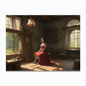 A Young Woman In A Red Dress Sits In A Rustic Room With Wooden Furniture And Large Windows Overlooking A Forest Canvas Print