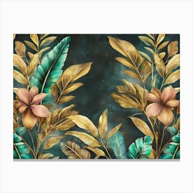 Tropical Seamless Border Luxury Illustration Exotic Green Beige Brown Pink Golden Leaves Vintage Canvas Print